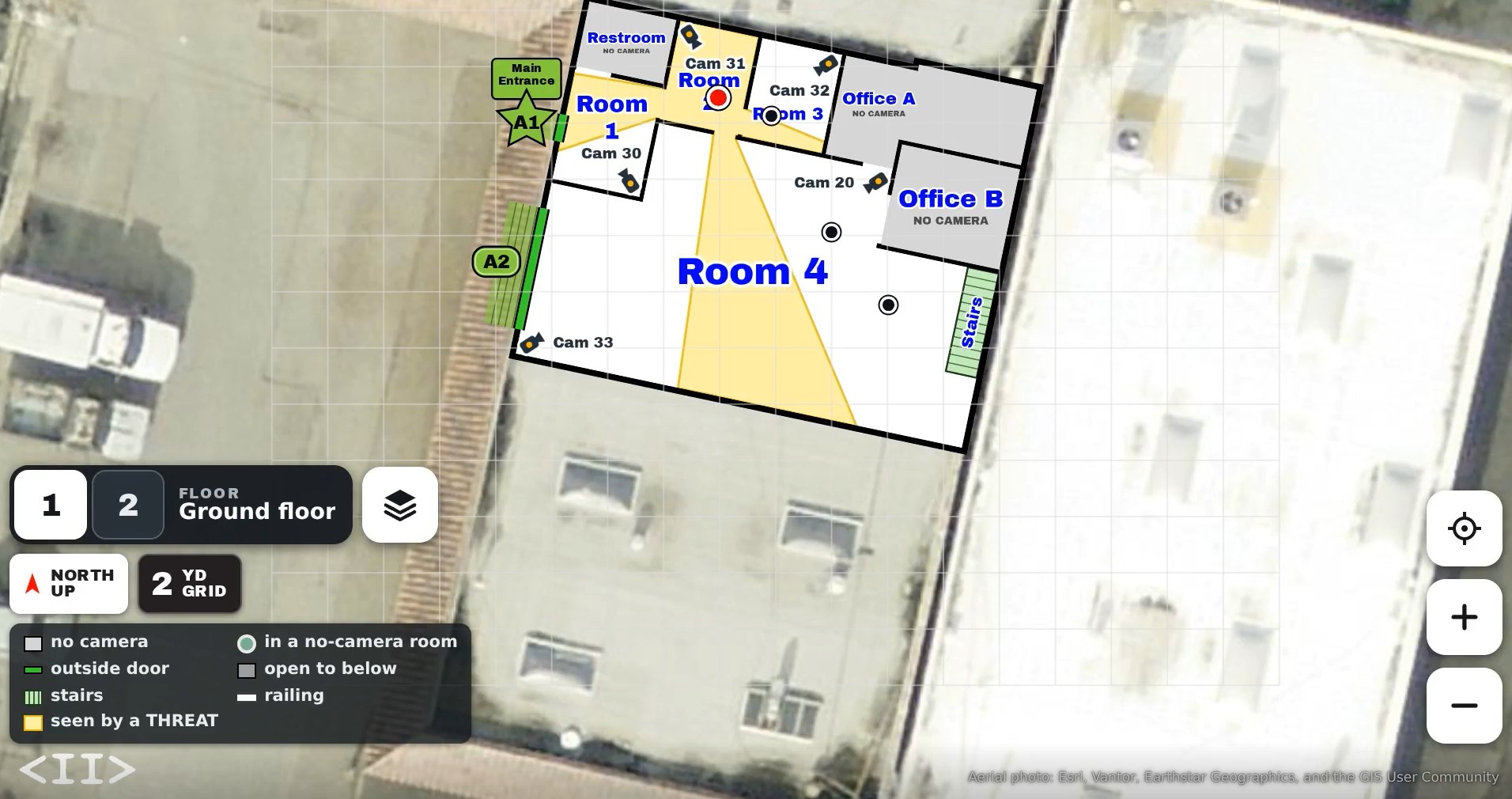 IRIS CIV on an officer’s phone: a live floorplan of the ground floor over an aerial photo, the assailant marked red in Room 2, people tracked in Room 4, what the threat can see shaded yellow, rooms with no camera shaded grey